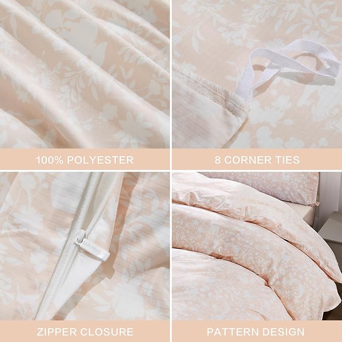 SAPHREAS Pink Botanical Plants Duvet Cover 3pcs Soft Microfiber White Floral Animal Printed Pattern Comforter Set with Zipper Ties King Size 1 Duvet Cover 2 Pillow Shams