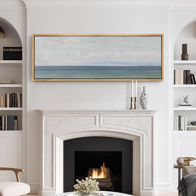SIGNFORD Large Framed Canvas Print Wall Art Peaceful Coastal Horizon Soft Seascape Illustrations Modern Art Relax/Calm Warm for Living Room, Bedroom, Office - 60"x20"