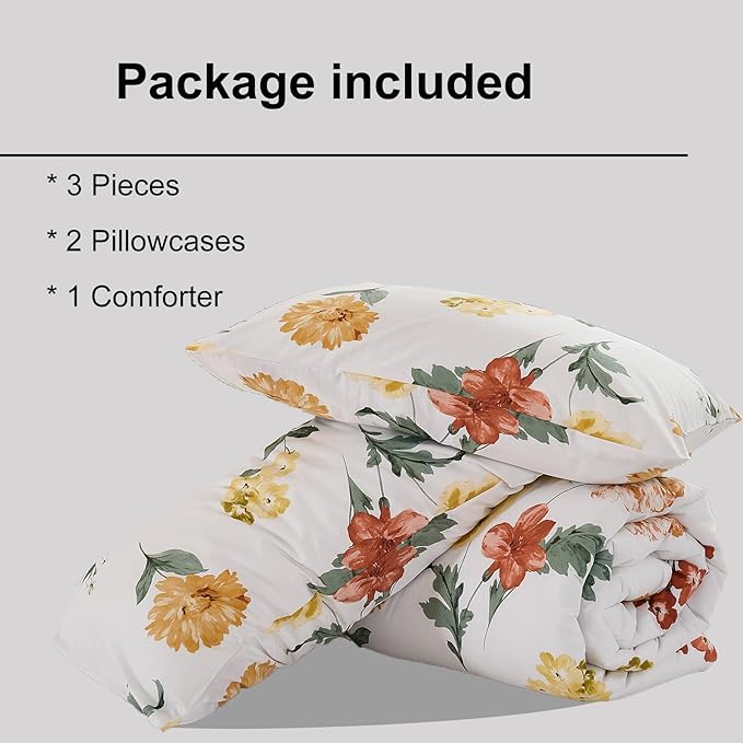 Yellow Floral Comforter Set Cute Botanical Bedding Queen 100% Cotton Floral Vintage & Country Cottage Bedroom Decor Soft Reversible
