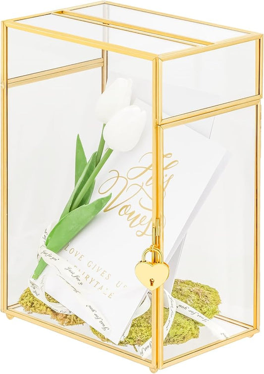NCYP Small Glass Cards Box with Slot and Lock for Wedding, 8" x 5.5" x 11.3" - Home Birthdays Party Tabletop Decor, Gold, Clear Envelopes Terrarium (Card Box Only)