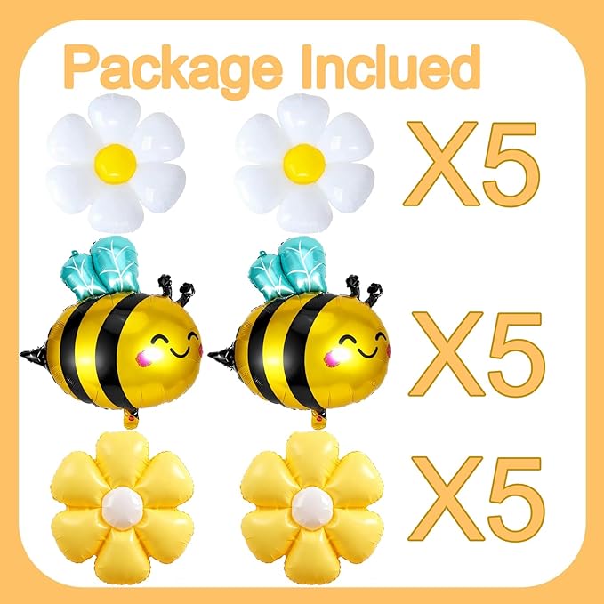Bee Balloons Daisy Flower Balloons Set Yellow,White Daisy Flower and Bee Foil Mylar Balloons(5+5+5) for Baby Shower Gender Reveal Birthday Party Decorations Fall Bee Theme Balloon Arch Kit