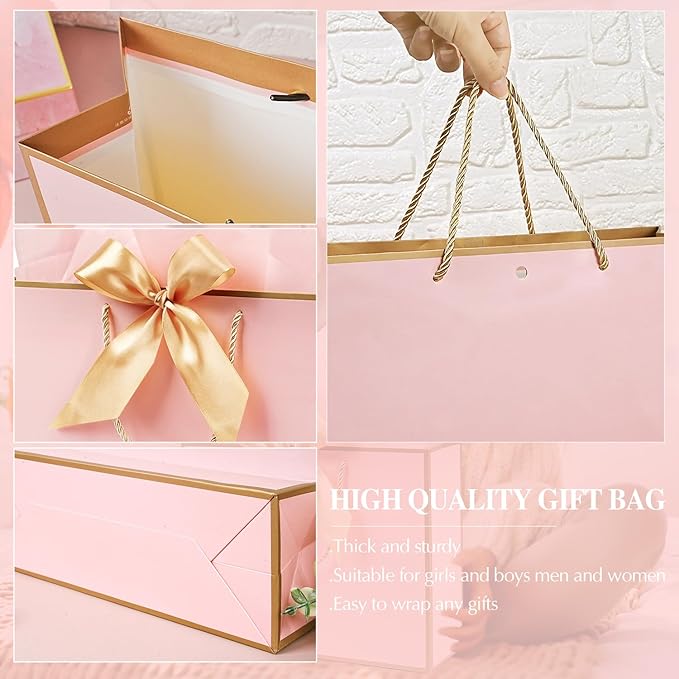 13” Pink Gift Bags, 2 PCS Light Pink Gift Bags with Handles Bow Ribbon, Large Gift Bag Set with Tissue Paper Greeting Card , Portable Paper Present Bag for Girls Women Birthday Wedding Baby Shower