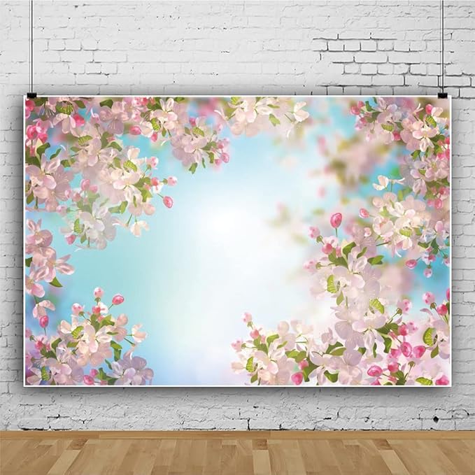 Renaiss 10x6.5ft Pink Floral Backdrop Romantic Cherry Blossom Blue Sky Sunshine Nature Scenery Polyester Photography Background for Wedding Kids Baby Birthday Party Decor Photo Props