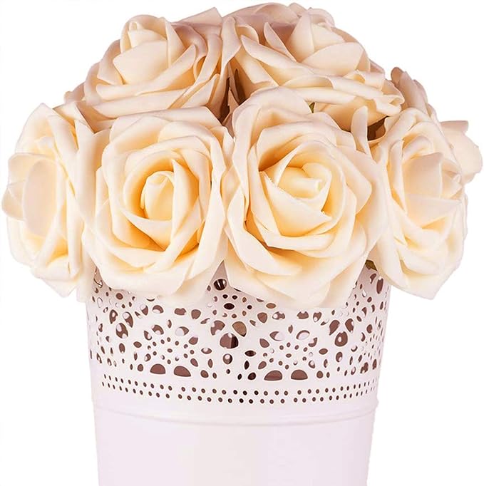 Artificial Flowers Roses 50pcs Champagne Roses Wedding Bouquets Real Looking Foam Fake Roses with Stems for DIY Bridal Shower Centerpieces Arrangements Party Tables Decorations