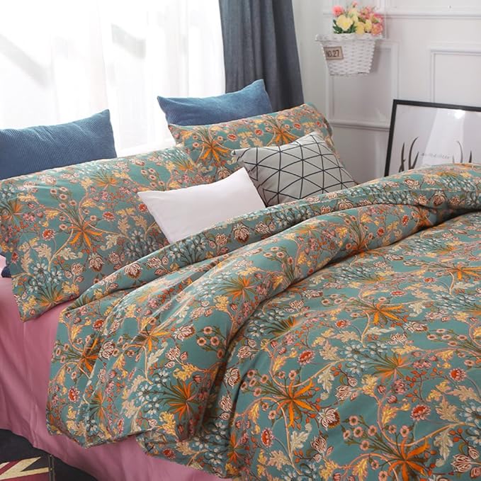 VM VOUGEMARKET Gold Flower Comforter Set Twin XL,Aesthetic Boho Bedding Set Royal Sage Green Floral Comforter with 2 Pillowcases