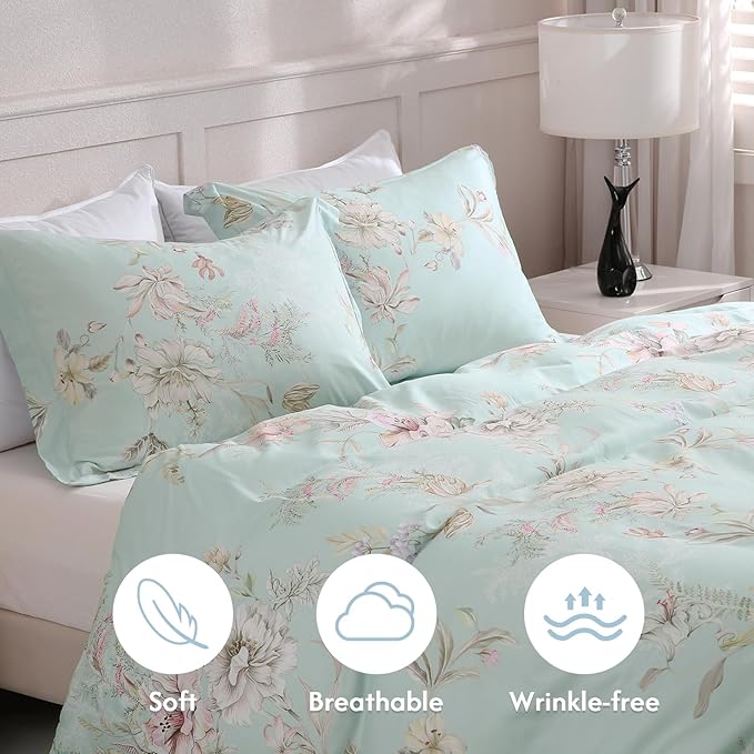 LONAVA Queen Flower 3 Pcs Duvet Cover Set, Breathable Soft Microfiber Light Blue Lining Comforter Cover with Zipper Closure, and 2 Anti-Pilling, Fade Resistant Pillowcases, Mint Flower