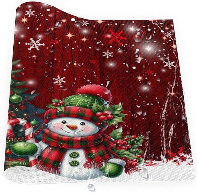 Xmas Christmas Tree Snowman Red Placemats Set of 4 PVC Vinyl Non Slip Table Mats Heat Resistant Place Mats Washable Wipeable Dining Table Mat for Kitchen Decor Party Indoor Outdoor Decorative Gift