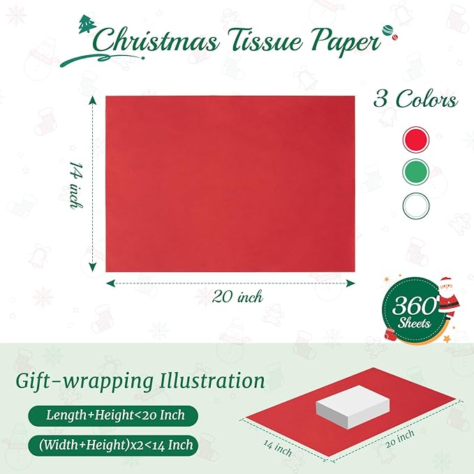Simetufy Christmas Tissue Paper for Gift Bags, 360 Sheets 14 x 20 Inches Christmas Tissue Paper Sheets Bulk, Red Green and White for Gift Wrapping, Crafts, Birthday, Holiday Decor and DIY