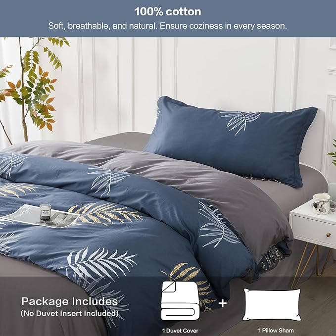 SAPHREAS Navy Blue Duvet Cover Set 2pcs Tropical Botanical Palm Leaves Bedding Comforter Cover Set Closure 1 Cotton Duvet Cover 68"x90" 1 Pillow Sham, Comforter Not Included