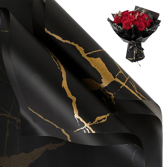 NESCCI 20 Sheet Flower Wrapping Paper - Waterproof Floral Bouquet Wrapping Paper, Florist Supplies Packaging Paper for Wedding Birthday Gift DIY (Marble Black)