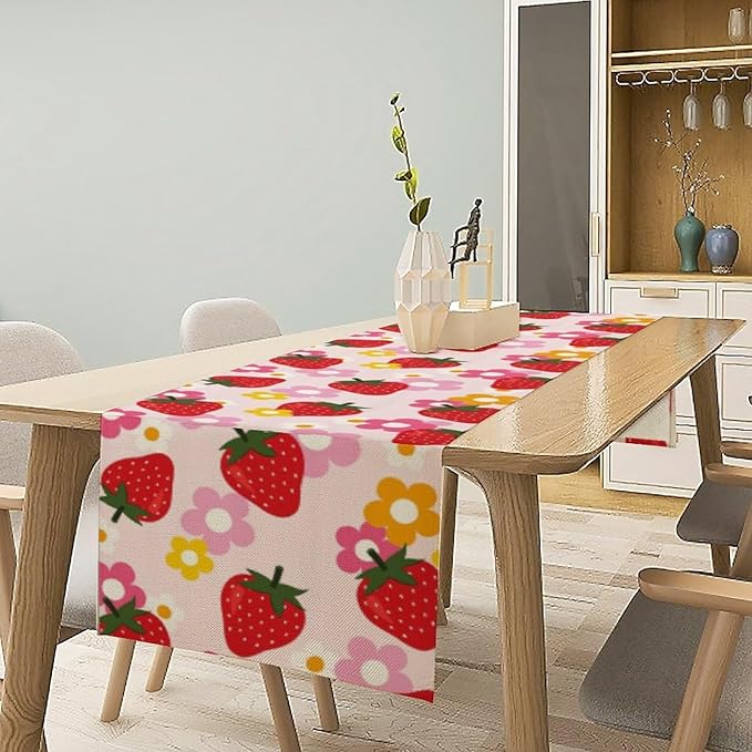 Strawberry Table Runner, Spring Summer Fruit Birthday Party Decoration Dining Room Home Kitchen Table Decor 13 x 120Inches