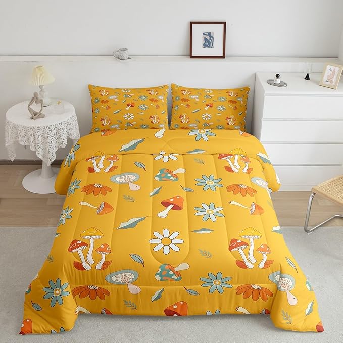Castle Fairy Retro Hippie Mushroom Twin Size Comforter Set,Groovy Flowers Floral Duvet Set with 1 Pillowcase for Kids BoysYellow Boho Soft Microfiber Bedding Comforters