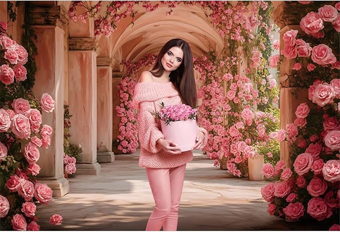 Baocicco 10x8ft Pink Flowers Backdrops for Photoshoot Rose Arch Corridor European Carving Wall Photo Background for Women Bridal Shower Birthday Marriage Valentines Mothers Day Backdrop Decorations