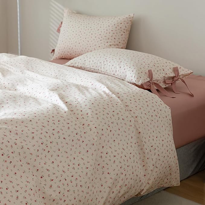 AOJIM Pink Floral Duvet Cover Set for Girls Women, Pure Cotton Soft Bedding Comforter Cover Set 3pcs for Room Decor, 1 Exquisite Quilt Cover Twin Size and 2 Pillowcases with Bowknot, No Comforter
