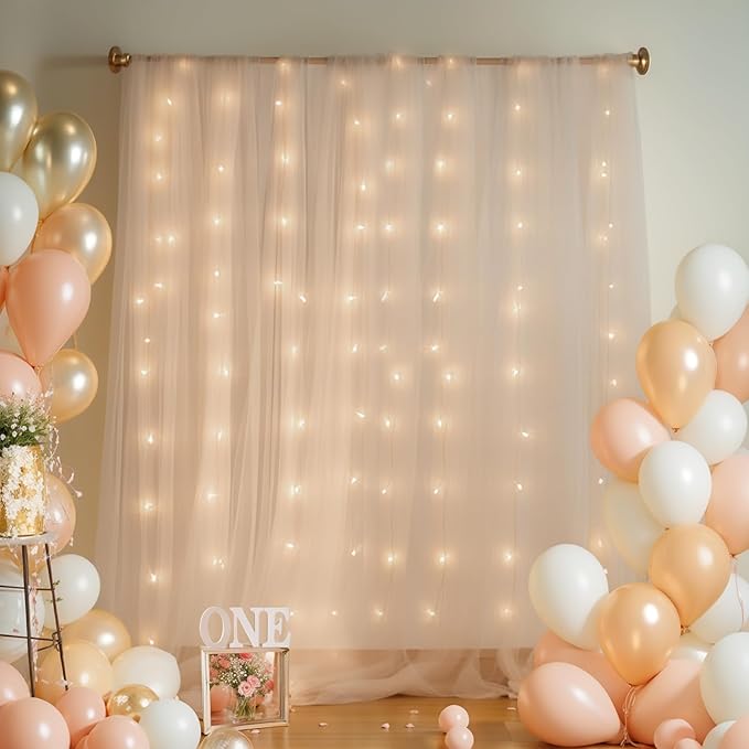 30x10ft Champagne Tulle Backdrop Curtain with Lights String for Parites, Sheer Backdrop Curtains for Wedding Baby Shower Birthday Party Photo Shoot Decorations