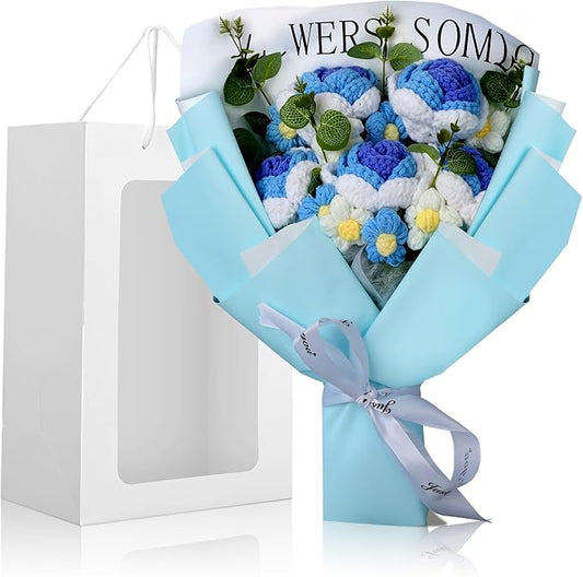 Foyucool Crochet Flowers Bouquet, Handmade Knitted Rosy Blue Bouquet with Gift Bag for Home Deocor, Crocheted Finished Flower for Wedding, Mother's Day, Teachers' Day and Valentine's Day, Blue White