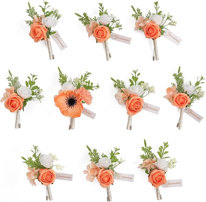 TINGE TIME Boutonniere for Men Wedding,Groom and Best Man Boutonniere for Wedding Ceremony Anniversary, Formal Dinner Party and Rustic Spring Wedding Marriage (10, CoralPink&Champagne)