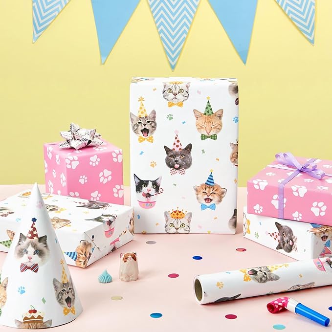 WERNNSAI Cat Wrapping Paper - 1 Roll 17” x 16.4 ft Cute Cat Birthday Wrapping Paper Reversible Kitten Gift Wrap for Birthday Present Packing Decoration with Paw Prints Design