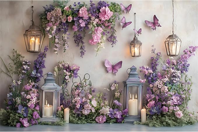 YongFoto Elegant Flower Wall Backdrop 8x6.5ft Floral Butterfly Candle Photography Background Baby Bridal Shower Wedding Girl Birthday Party Banner Room Decor Portrait Photoshoot Wallpaper Photo Booth