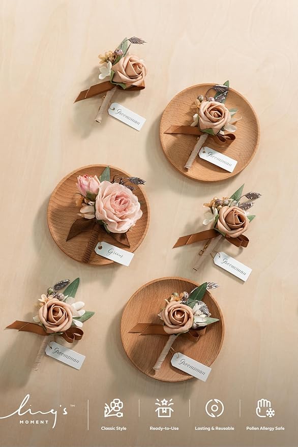 Ling's moment Boutonniere for Men, 6pcs Groom Groomsmen Boutonniere, Artificial Flowers for Wedding Decor/Prom/Homecoming, etc.Shabby Pink Dusty Rose