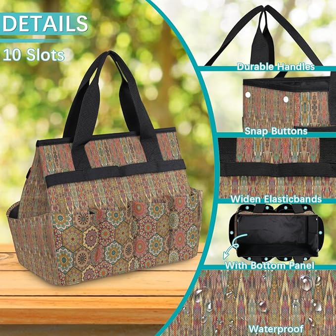 Ethnic Flowers Garden Tool Tote Bag for Women Men Gardening Tool Storage Bags with 10 Pockets Standable Garden Home Tool Kits Organizer for Indoor Outdoor Gardening Gifts