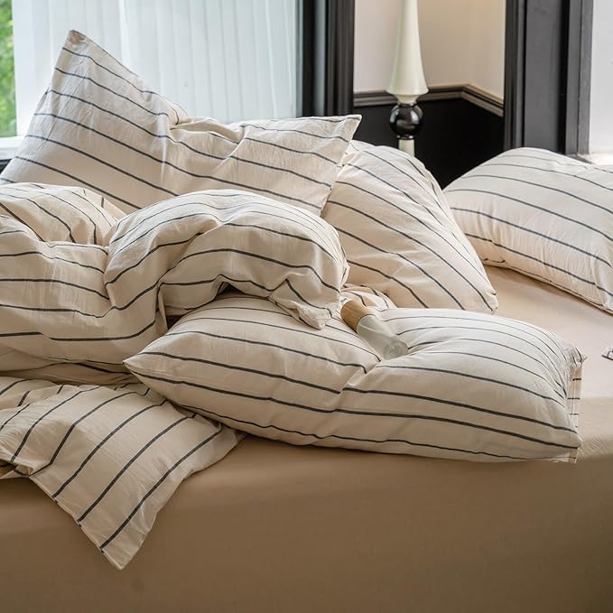 Striped Comforter Set Queen Size Grey Stripes Pattern Printed Comforter 3 Pieces Lightweight Boho Bedding Comforter Set for All Seasons Breathable Soft Fluffy Beige Comforter with 2 Pillowcases