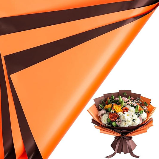 LeZakaa 20 Sheets Flower Wrapping Paper - Waterproof Reversible Floral Bouquet Paper - Orange and Brown Design for Thanksgiving, Halloween, Fall Festivals,Rustic Weddings