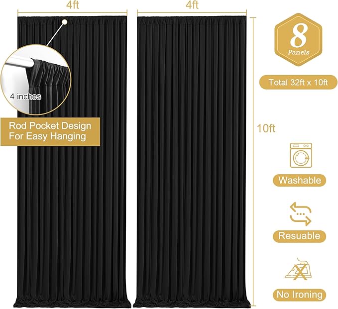 Wish Care Black Backdrop Curtain 8 Panels-Wrinkle-Free Black Curtains Polyester Photography Drapes for Wedding Birthday Party Photo Background Backdrop Stand- 32 X10FT (Black)