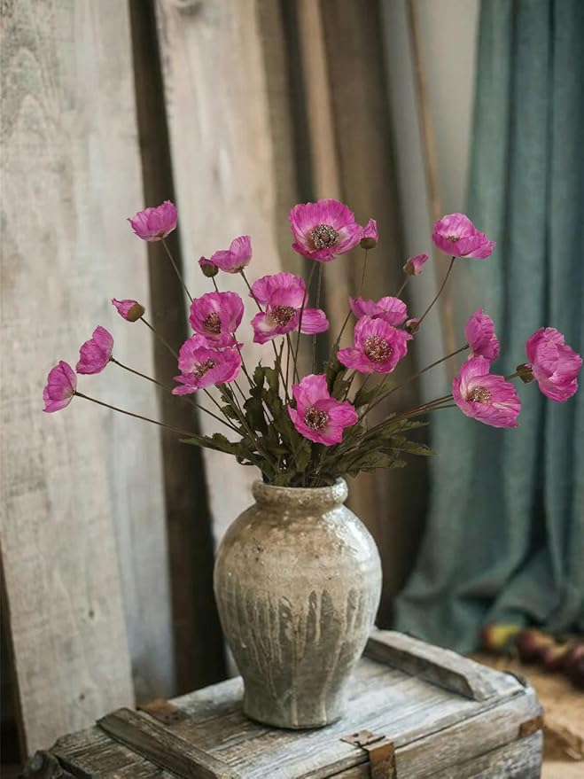 IPOPU Artificial Poppies 6PCS Fuschia Silk Flowers with Stems Hot Pink Poppies Flowers Artificial Realistic Floral Arrangements for Wedding Centerpieces Home Table Party Decor (Fuschia)