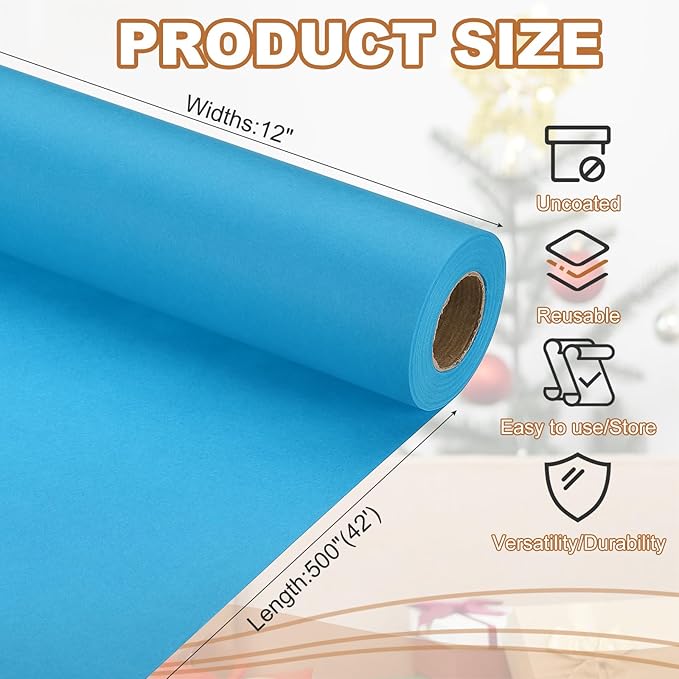 PATIKIL Wrapping Paper, 12" x 500"(42') 70 GSM Craft Paper Roll Kraft Packing Paper for Poster Bulletin Board, Gift Wrapping, Light Blue