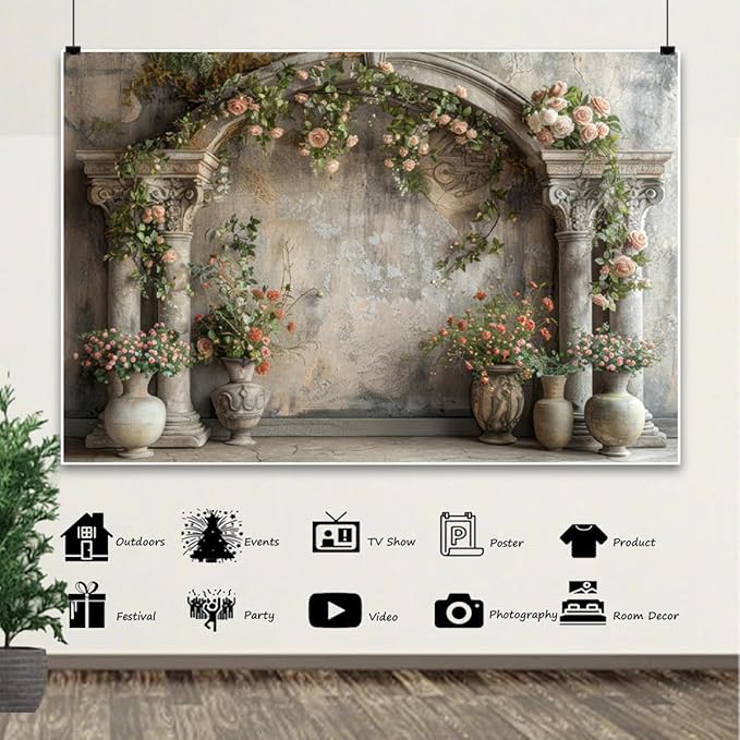 7x5ft Vintage Flower Building Backdrop Blooming Pink Roses Floral Wildflower Medieval Building Background for Mothers Day Bridal Shower Baby Shower Birthday Women Couples Portrait