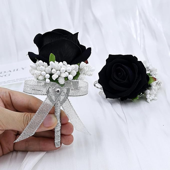 2Pcs Rose Black Corsage and Boutonniere Set, Artificial Wrist Corsage Wristlet Bracelets, Men Boutonniere for Wedding Anniversary Party Homecoming Flowers Accessories Prom Decor