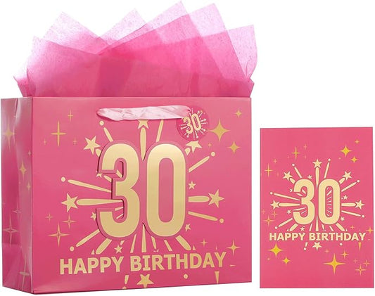 Bloomwords 30th Birthday Gift Bag Set with Card & Tissue – 13" Elegant Keepsake Party Bags for Unisex Anniversaries, Gift Wrapping & Celebrations(Pink)