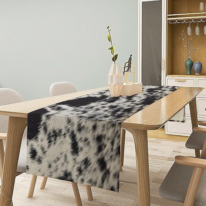 Cow Skin Print Table Runner, Rustic Country Farmhouse Animal Fur Skin Western Farm Black Cowhide Print Dinner Runner Table Decoration for Home Kitchen Dining 13x36in