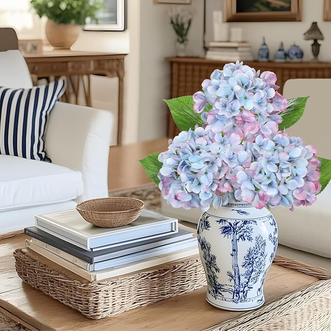 3Pcs Baby Blue Hydrangea Artificial Flowers 19.7 in Real Touch Faux Hydrangea Stems Silk Flowers with Stems Fake Blue Flowers Bouquet for Floral Arrangements Table Centerpieces Wedding Home Decor