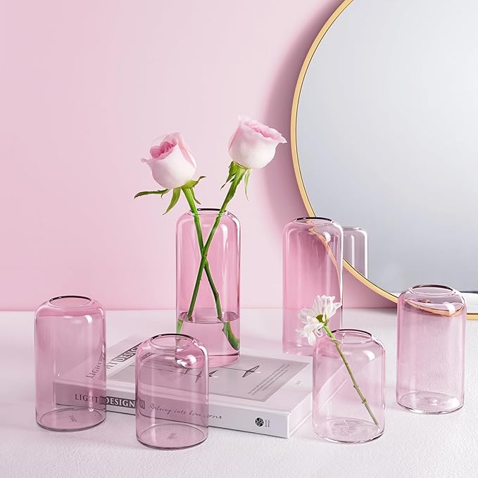 ZENS Bud Vases Set of 6, Pink Clear Small Glass Vase for Flowers. Modern Hand Blown Cylinder Glass Vase for Wedding Reception Centerpieces Living Room Decorative.