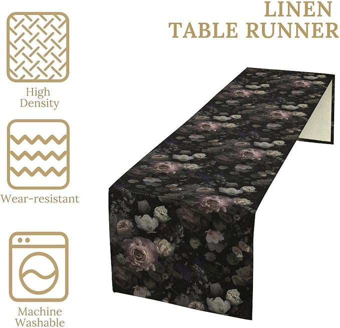 Gothic Floral Table Runner, Vintage Garden Flower Black Witchy Farmhouse Coffee Table Center Decor for Home Kitchen Dining Patio Holiday Party Table Decorations 13x36 inches