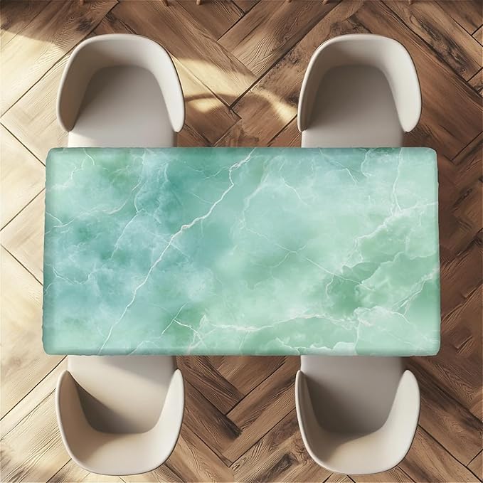 Rectangle Table Cloth Cover Waterproof Elastic Fitted Polyester Fitted Tablecloths for 6 Foot Tables for Indoor,Picnic, Camping, Outdoor （72" x 30"，Green Marble）