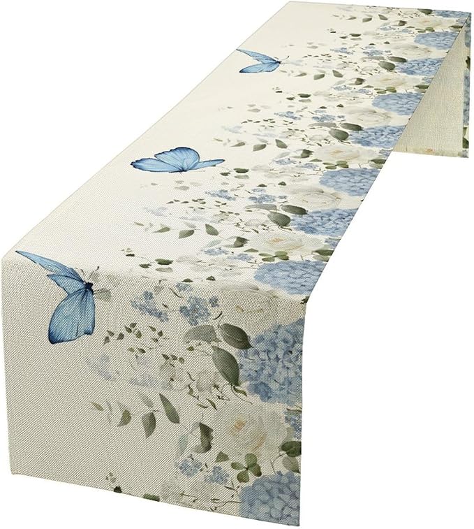 Floral Table Runner, Blue White Flower Butterfly Garden Spring Nature Decoration Table Runner for Kitchen Dining Home Party, 13x108 Inch