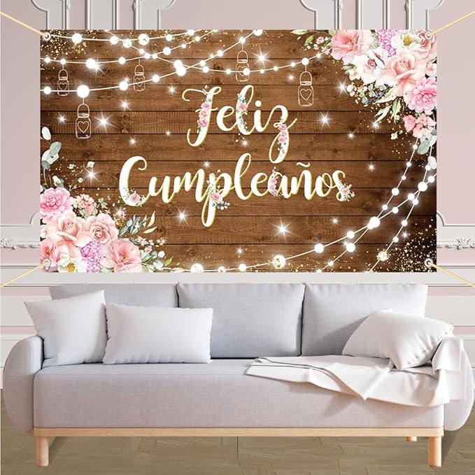 Feliz Cumpleaños Backdrop Pink Floral Retro Mexican Fiesta Happy Birthday Party Decorations Mexico Carnival Birthday Banner Photo Shoot Props 70.8 x 43.3 inch