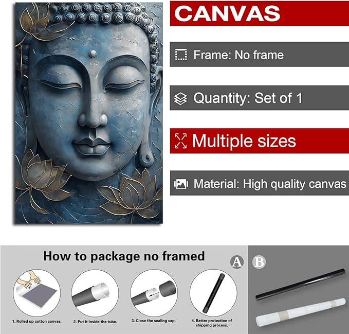 Canvas wall art Golden lotus crown Serene Buddha poster Ethereal blue toned art with delicate floral decor Zen wall art for a tranquil meditation space 20x30in Frameless