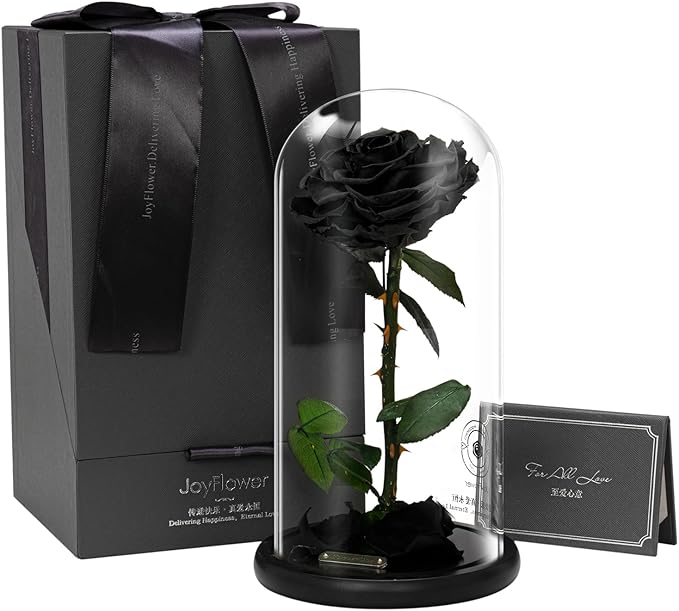 JoyFlower Single Rose Real Rose Flower Gifts for Mom from Daughter Son, Birthday Gifts for Women, Eternal Rose Preserved Flowers for Delivery Prime for Christmas Valentine's Mothers Day(Black)