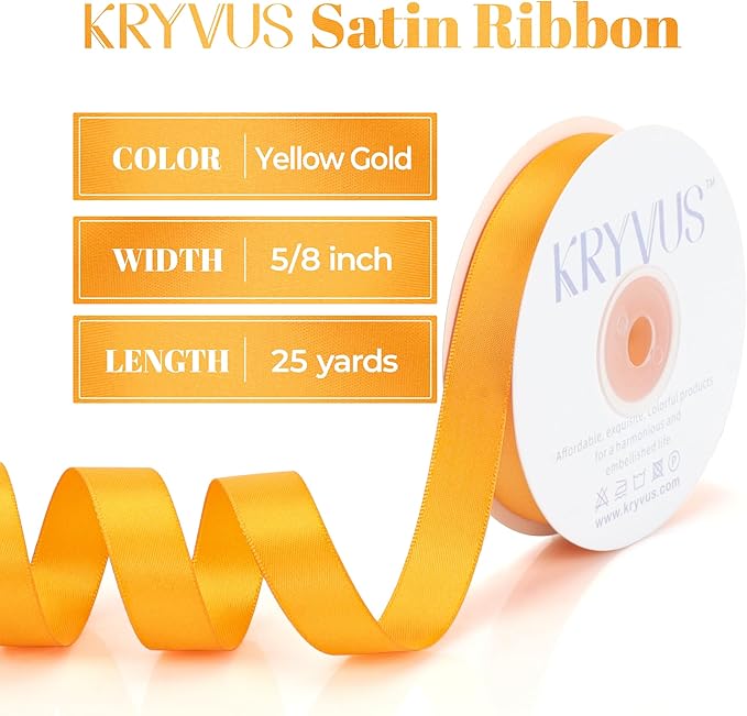Double Faced Yellow Gold Satin Ribbon, 5/8 Inch X 25 Yards Polyester Ribbon for Gift Package Wrapping, Crafts, Bow Making, Sewing, Flower Bouquet, Wedding Party Decor
