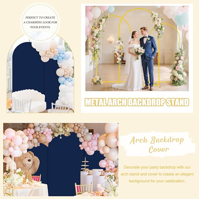 FUHSY 7.2 FT Wedding Arch Backdrop Stand and Navy Blue Arch Cover Set Metal Arch Stand Cover Balloon Party Backdrop Arches with Spandex Covers for Gender Reveal Baby Bridal Shower Birthday Decorations