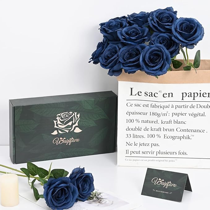 Waipfaru 16 Pcs Blue Roses Artificial Flowers, Long Stem Fake Roses, Silk Faux Flowers for Valentines Wedding Bouquet Vase Centerpiece Home Decor (Navy Blue)