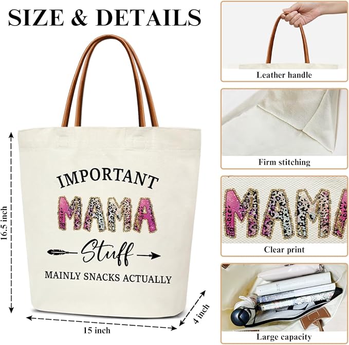 Canvas Tote Bag for Women, Important Stuff Bag with Leather Handle, Reusable Grocery Bags for Shopping Beach Travel