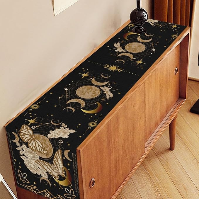 Gothic Moth Table Runner, Boho Floral Gothic Sun Moon Phase Mystical Witchy Starlight Coffee Table Center Decor for Home Kitchen Dining Patio Holiday Party Table Decorations 13x90 inches