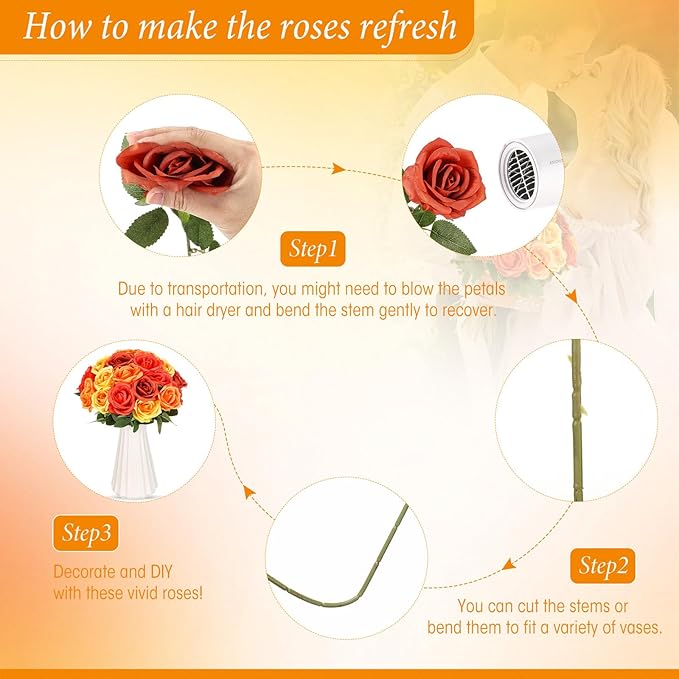 Hotop 40 Pcs Rose Artificial Flowers Bulk with Long Stem,Realistic Silk Fake Roses Bouquet for Home Wedding Centerpieces Party Table Decoration Valentines Gifts(Gradient Orange)