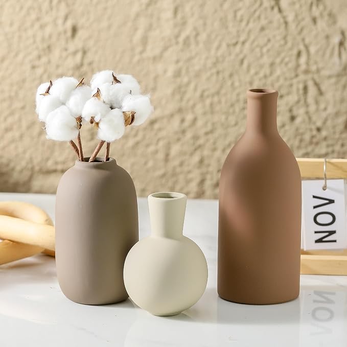 Ceramic Vases Set of 3, Modern Neutral Rustic Farmhouse Home Decor Pottery Pampas Decoration for Living Room, Table, Bathroom, Bedroom, Entryway - Brown