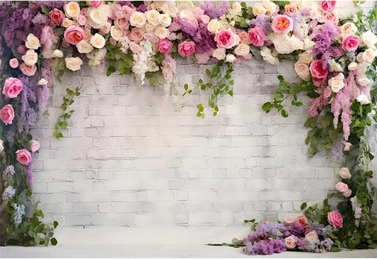 YongFoto Retro White Brick Wall Floral Arch Backdrop 12x10ft Rose Flowers Vine Leaves Photography Background Birthday Bridal Shower Wedding Party Banner Room Decor Portraits Photoshoot Wallpaper